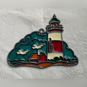 Vintage Stained Glass Lighthouse Suncatcher Ornament Coastal Beach Seagulls
